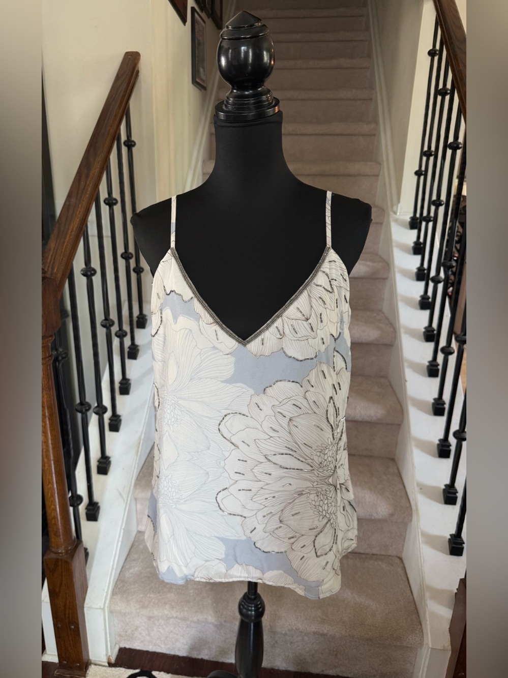Floral V-Neck Spaghetti Strap Top in Light Blue and Cream